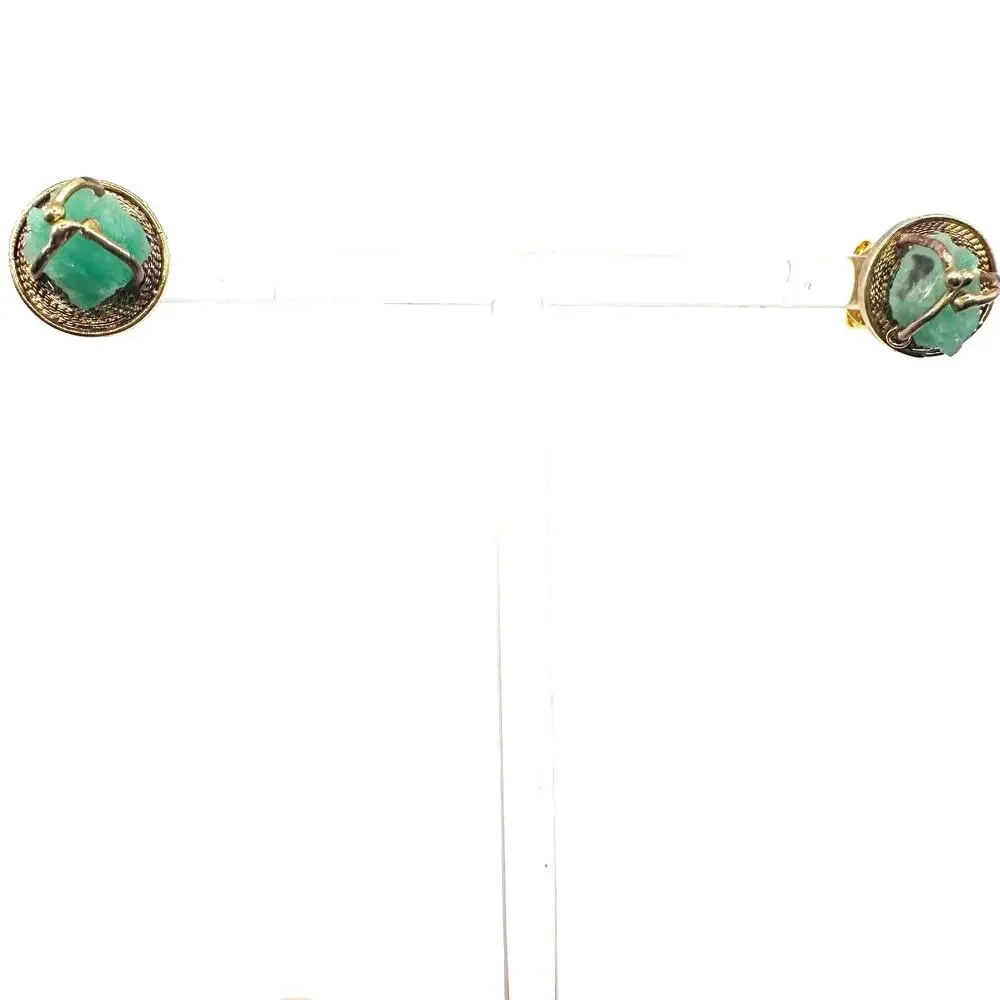 Asian Inspired Green Stone Nugget Pierced Stud Earring Unique Pierced Jewelry